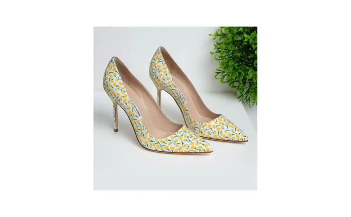 Women BB Manolo Blahnik BB Yellow Cotton Floral Pattern Pointed Toe Pumps