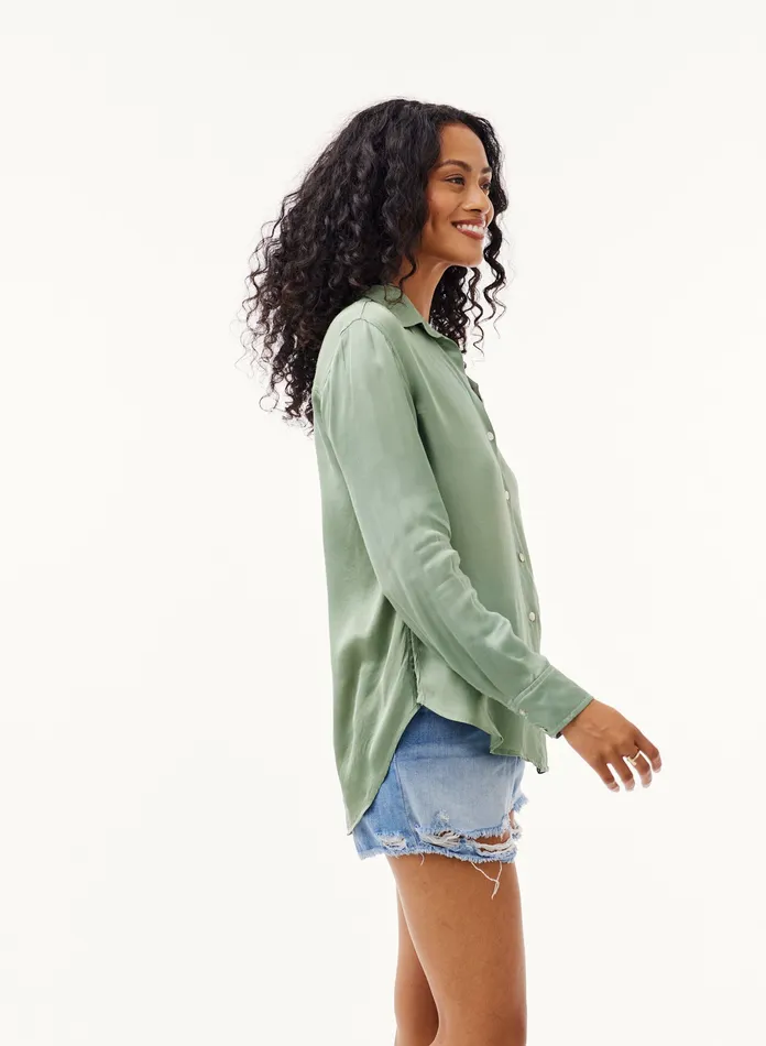 Women Bella Dahl Long Sleeve Satin Side Slit Button Down 8211 Cedar Green CEDAR GREEN