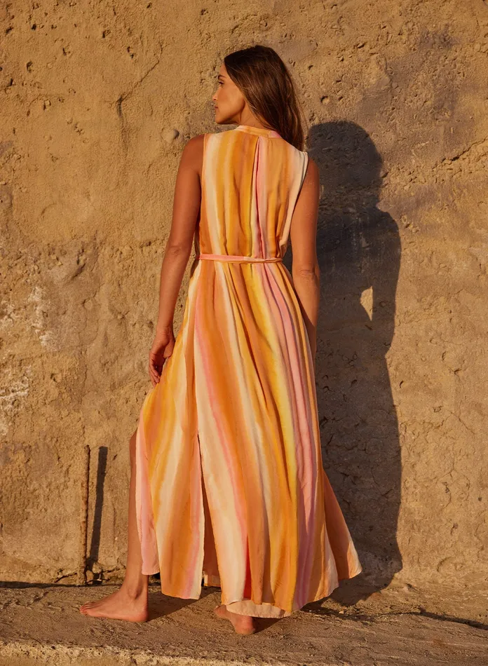 Women Bella Dahl Maxi Dresses Sleeveless Button Front Maxi Dress 8211 Sunset Stripes Print SUNSET STRIPES PRINT