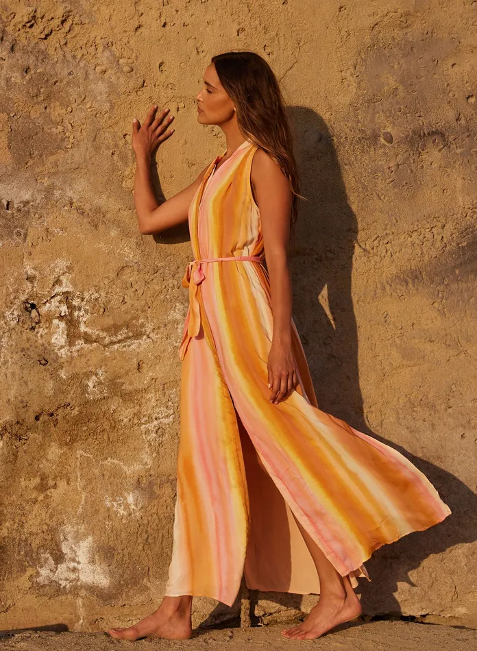 Women Bella Dahl Maxi Dresses Sleeveless Button Front Maxi Dress 8211 Sunset Stripes Print SUNSET STRIPES PRINT