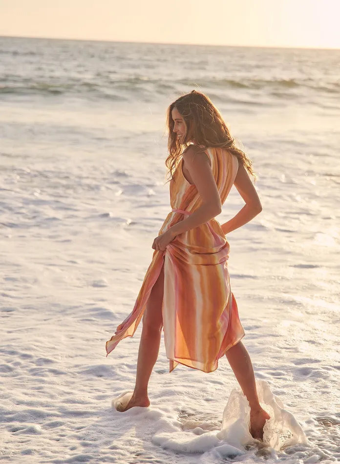 Women Bella Dahl Maxi Dresses Sleeveless Button Front Maxi Dress 8211 Sunset Stripes Print SUNSET STRIPES PRINT