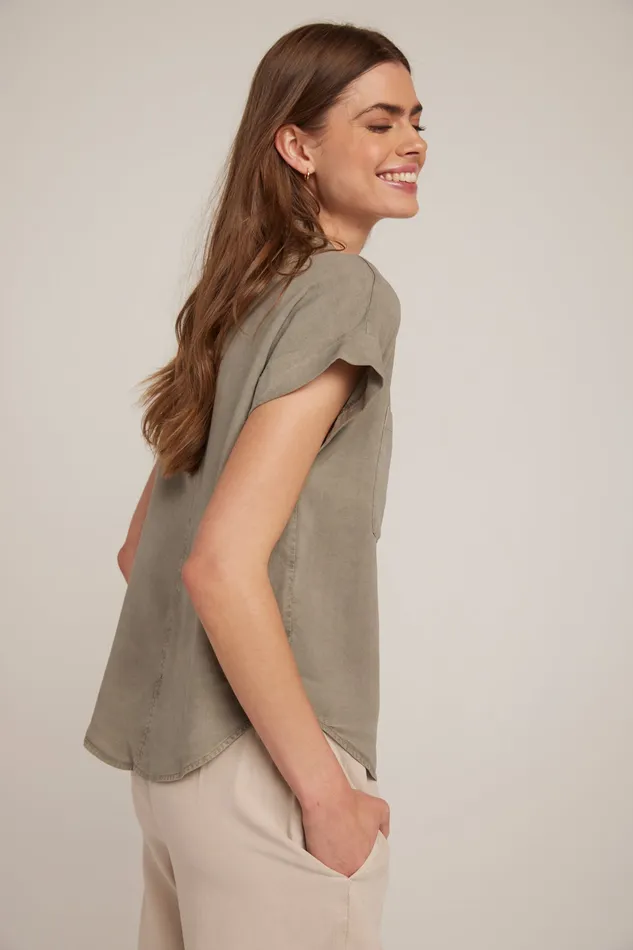 Women Bella Dahl Short Sleeve Short Sleeve Tencel Button Down 8211 Soft Army SOFT ARMY