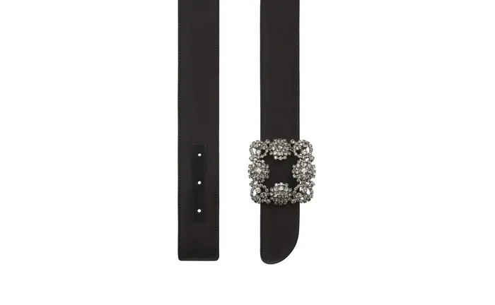 Women Belts Manolo Blahnik HANGISI BELT Black Satin Crystal Buckled Belt