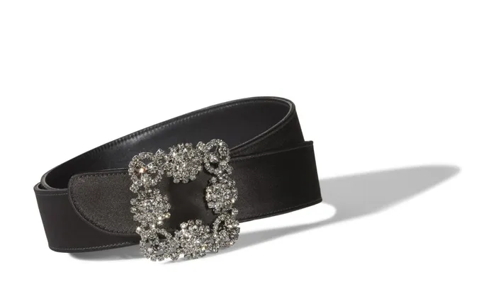 Women Belts Manolo Blahnik HANGISI BELT Black Satin Crystal Buckled Belt Women Belts Manolo Blahnik HANGISI BELT Black Satin Crystal Buckled Belt
