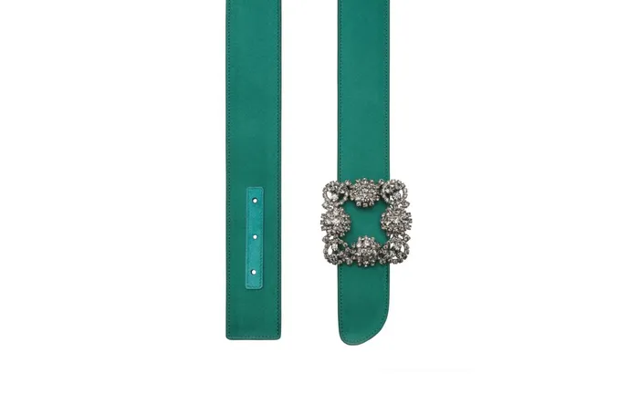 Women Belts Manolo Blahnik HANGISI BELT Green Satin Crystal Buckled Belt