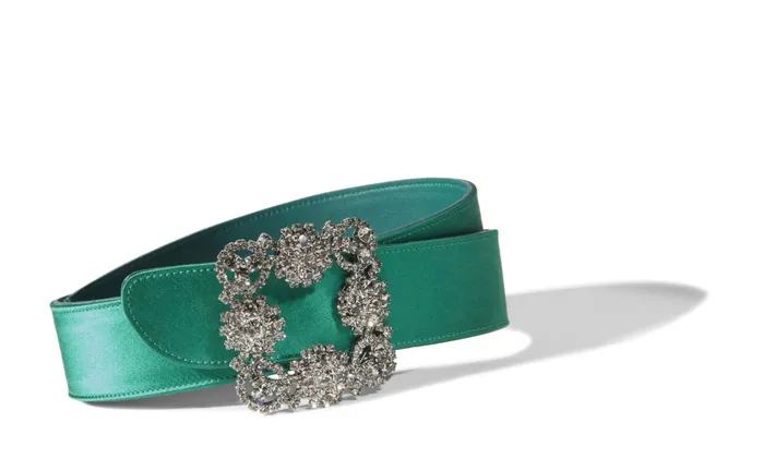 Women Belts Manolo Blahnik HANGISI BELT Green Satin Crystal Buckled Belt Women Belts Manolo Blahnik HANGISI BELT Green Satin Crystal Buckled Belt