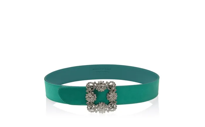 Women Belts Manolo Blahnik HANGISI BELT Green Satin Crystal Buckled Belt Women Belts Manolo Blahnik HANGISI BELT Green Satin Crystal Buckled Belt