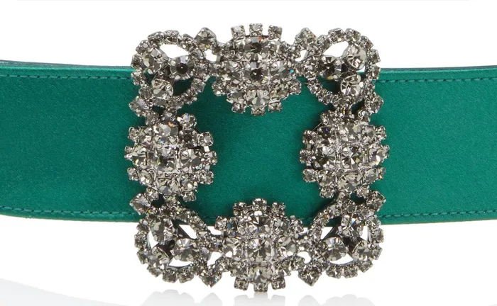 Women Belts Manolo Blahnik HANGISI BELT Green Satin Crystal Buckled Belt Women Belts Manolo Blahnik HANGISI BELT Green Satin Crystal Buckled Belt