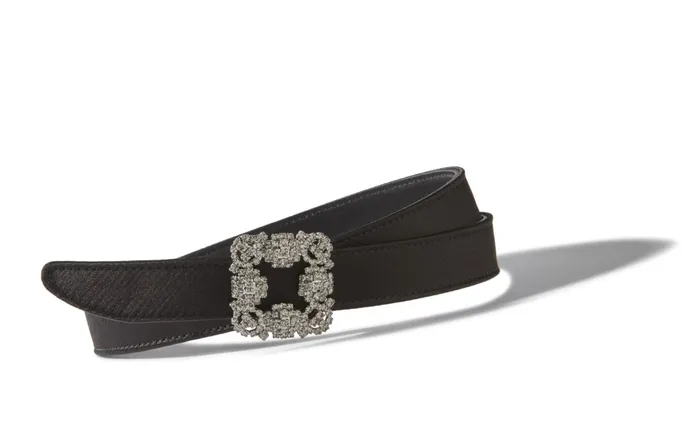 Women Belts Manolo Blahnik HANGISI BELT MINI Black Satin Crystal Buckled Belt Women Belts Manolo Blahnik HANGISI BELT MINI Black Satin Crystal Buckled Belt