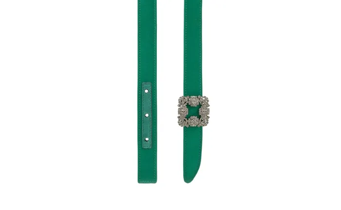 Women Belts Manolo Blahnik HANGISI BELT MINI Green Satin Crystal Buckled Belt Women Belts Manolo Blahnik HANGISI BELT MINI Green Satin Crystal Buckled Belt