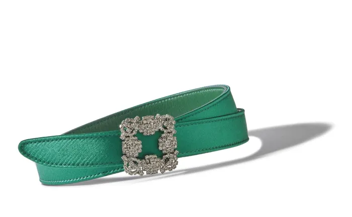 Women Belts Manolo Blahnik HANGISI BELT MINI Green Satin Crystal Buckled Belt Women Belts Manolo Blahnik HANGISI BELT MINI Green Satin Crystal Buckled Belt