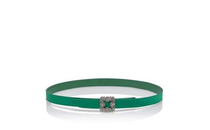 Women Belts Manolo Blahnik HANGISI BELT MINI Green Satin Crystal Buckled Belt Women Belts Manolo Blahnik HANGISI BELT MINI Green Satin Crystal Buckled Belt