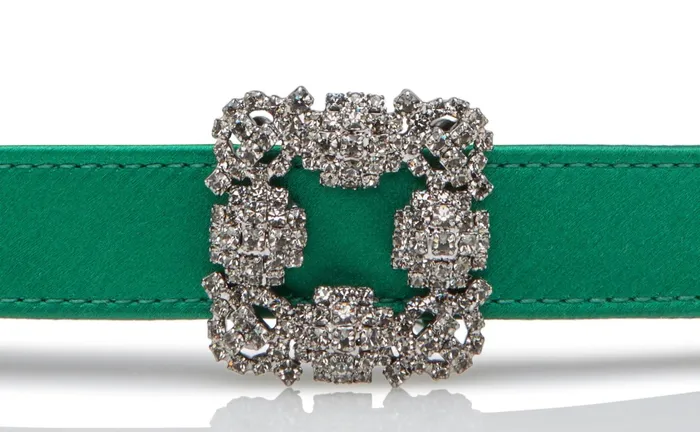 Women Belts Manolo Blahnik HANGISI BELT MINI Green Satin Crystal Buckled Belt Women Belts Manolo Blahnik HANGISI BELT MINI Green Satin Crystal Buckled Belt