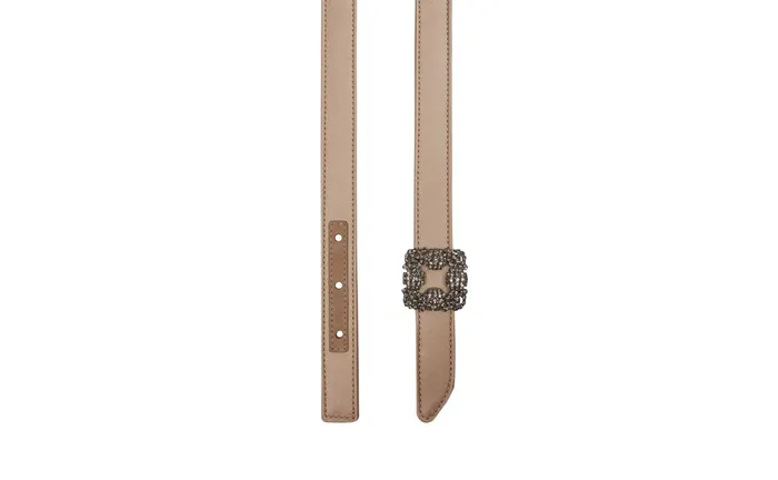 Women Belts Manolo Blahnik HANGISI BELT MINI Light Beige Satin Crystal Buckled Belt Women Belts Manolo Blahnik HANGISI BELT MINI Light Beige Satin Crystal Buckled Belt