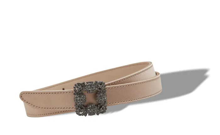 Women Belts Manolo Blahnik HANGISI BELT MINI Light Beige Satin Crystal Buckled Belt Women Belts Manolo Blahnik HANGISI BELT MINI Light Beige Satin Crystal Buckled Belt
