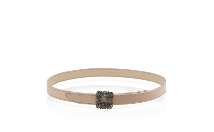 Women Belts Manolo Blahnik HANGISI BELT MINI Light Beige Satin Crystal Buckled Belt Women Belts Manolo Blahnik HANGISI BELT MINI Light Beige Satin Crystal Buckled Belt