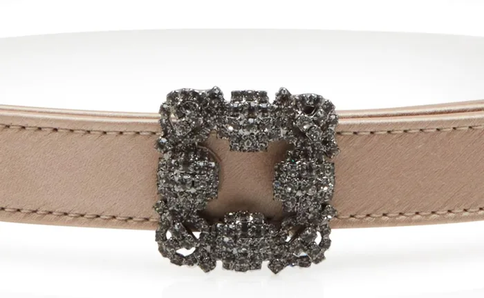 Women Belts Manolo Blahnik HANGISI BELT MINI Light Beige Satin Crystal Buckled Belt Women Belts Manolo Blahnik HANGISI BELT MINI Light Beige Satin Crystal Buckled Belt