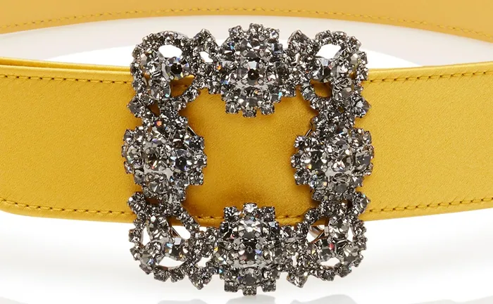 Women Belts Manolo Blahnik HANGISI BELT Yellow Satin Crystal Buckled Belt Women Belts Manolo Blahnik HANGISI BELT Yellow Satin Crystal Buckled Belt