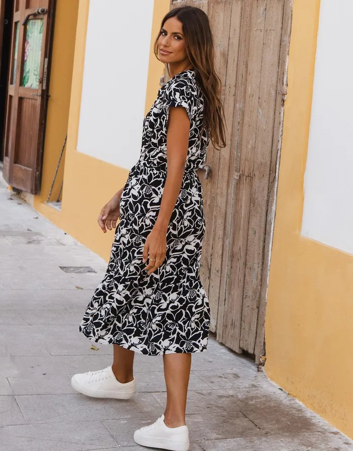 Women Black and White Floral Print Shirt Style Midi Tea Dress Black Threadbare Dresses Women Black and White Floral Print Shirt Style Midi Tea Dress Black Threadbare Dresses