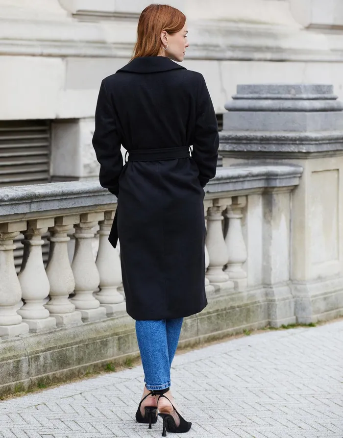 Women Black Collared Belted Formal Coat Black Threadbare Jackets and Coats