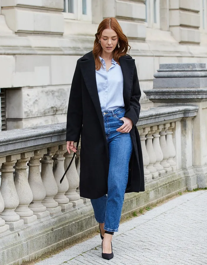 Women Black Collared Belted Formal Coat Black Threadbare Jackets and Coats
