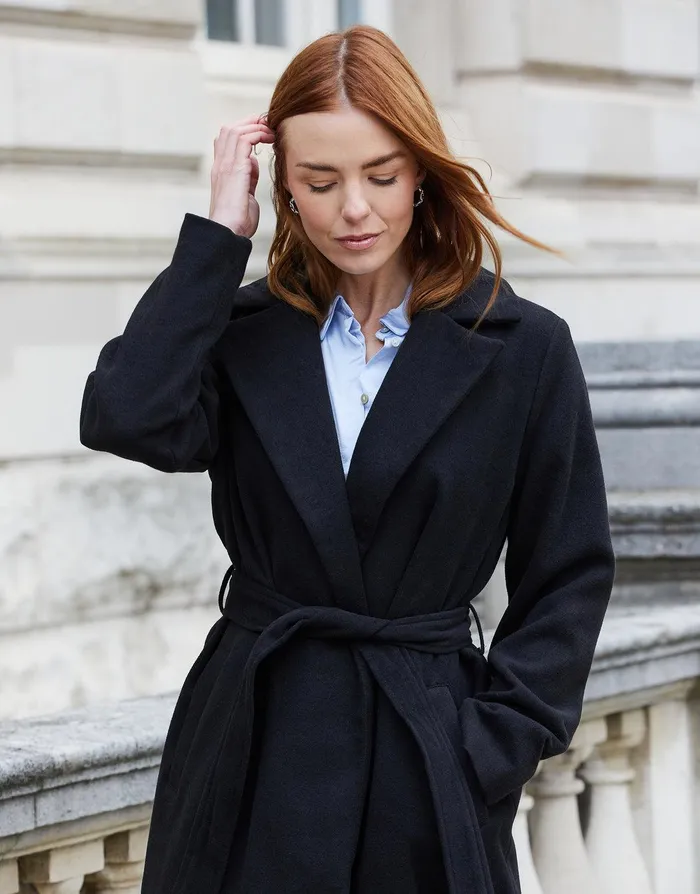 Women Black Collared Belted Formal Coat Black Threadbare Jackets and Coats