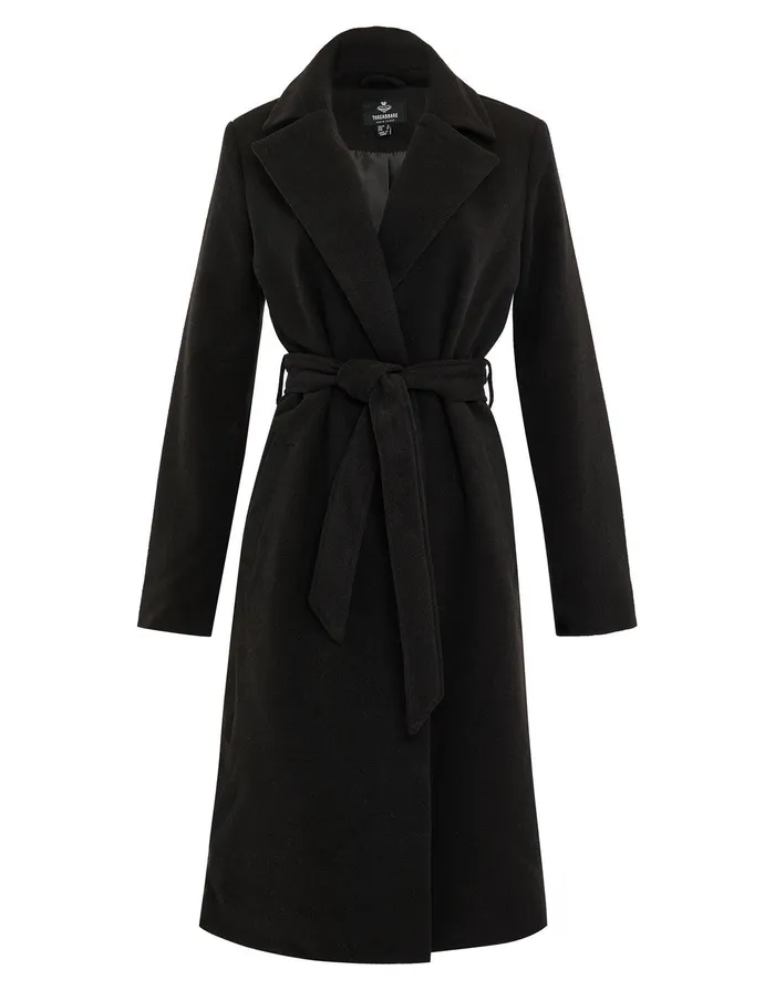 Women Black Collared Belted Formal Coat Black Threadbare Jackets and Coats
