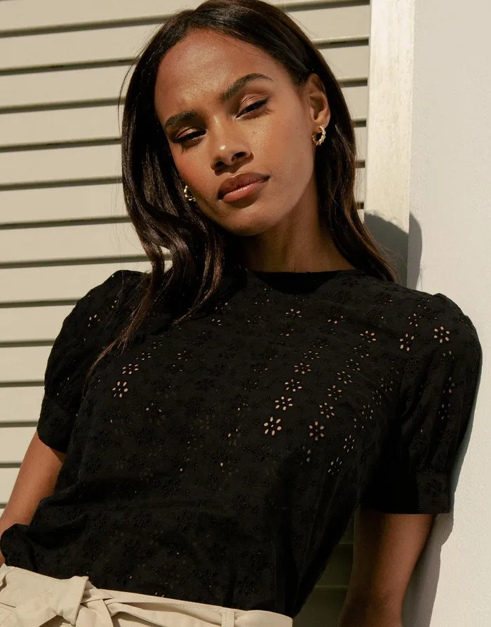 Women Black Cotton Broderie Anglaise Puff Sleeve Blouse Black Threadbare Blouses and Shirts Women Black Cotton Broderie Anglaise Puff Sleeve Blouse Black Threadbare Blouses and Shirts