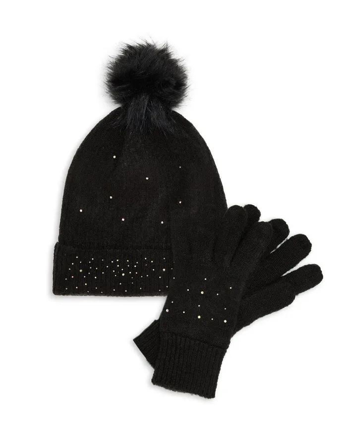 Women Black Crystal Hat and Gloves 2Piece Set Black Threadbare Knitwear Women Black Crystal Hat and Gloves 2Piece Set Black Threadbare Knitwear