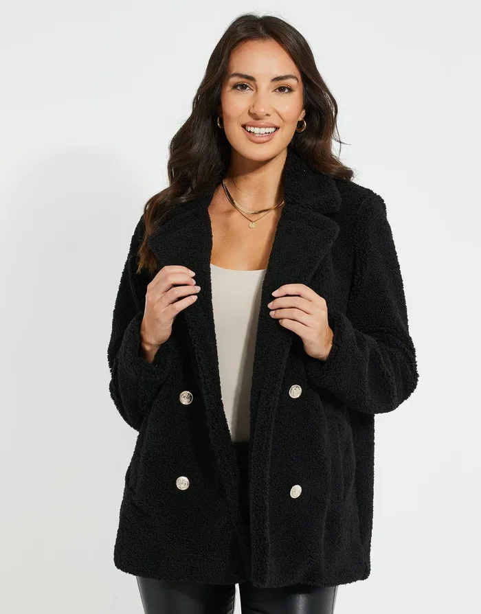 Women Black Double Breasted Faux Borg Coat Black Threadbare Jackets and Coats Women Black Double Breasted Faux Borg Coat Black Threadbare Jackets and Coats