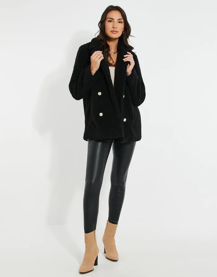 Women Black Double Breasted Faux Borg Coat Black Threadbare Jackets and Coats Women Black Double Breasted Faux Borg Coat Black Threadbare Jackets and Coats