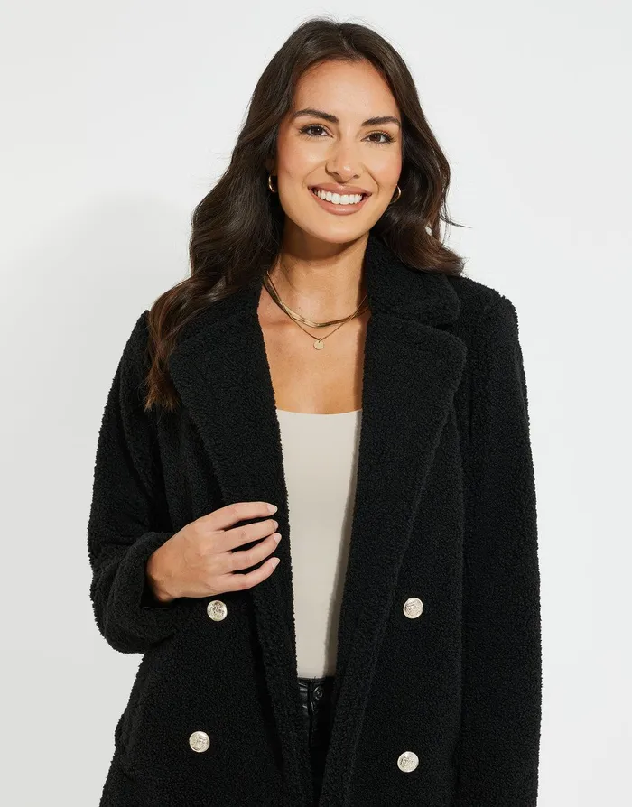 Women Black Double Breasted Faux Borg Coat Black Threadbare Jackets and Coats Women Black Double Breasted Faux Borg Coat Black Threadbare Jackets and Coats
