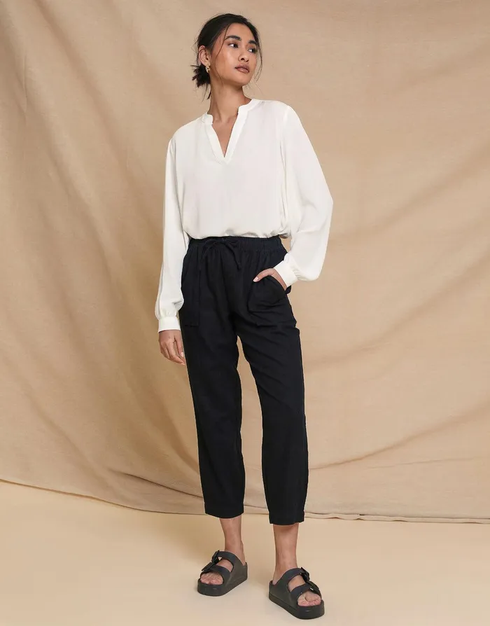Women Black Linen Blend Drawstring Trousers Black Threadbare Linen