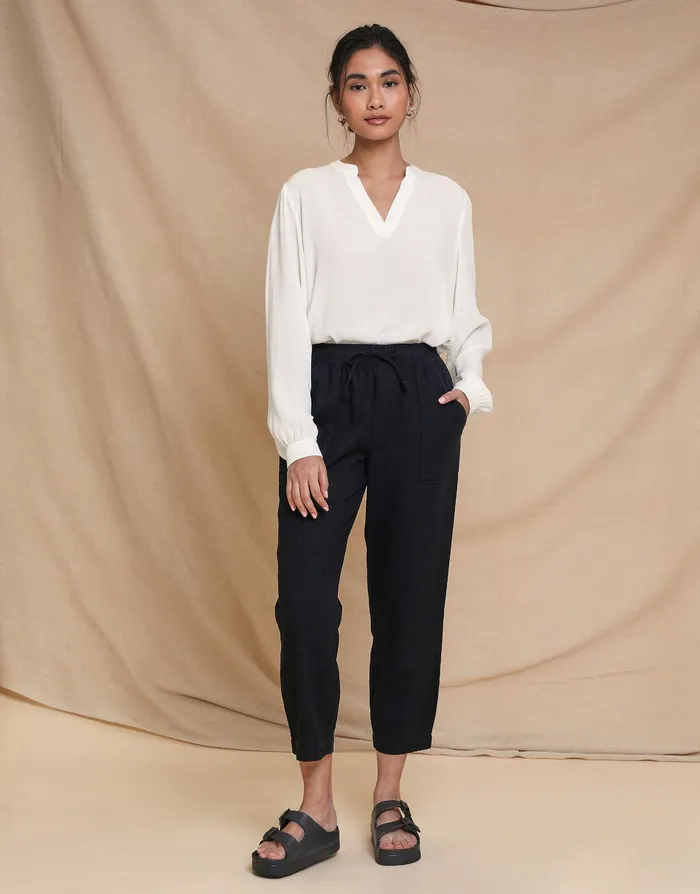 Women Black Linen Blend Drawstring Trousers Black Threadbare Linen Women Black Linen Blend Drawstring Trousers Black Threadbare Linen