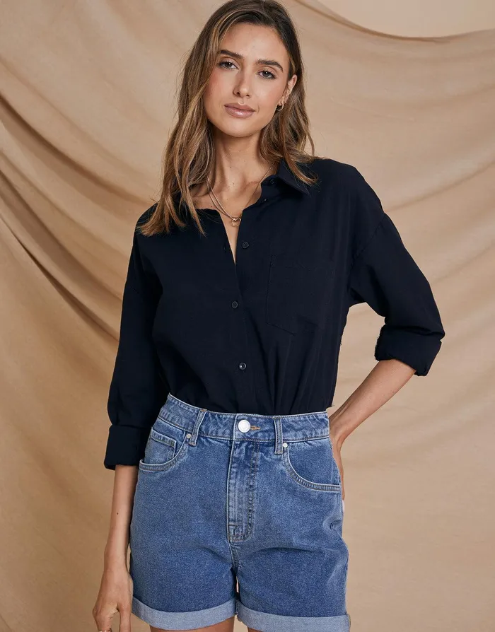 Women Black Longline Linen Look Cotton Shirt Black Threadbare Linen Women Black Longline Linen Look Cotton Shirt Black Threadbare Linen