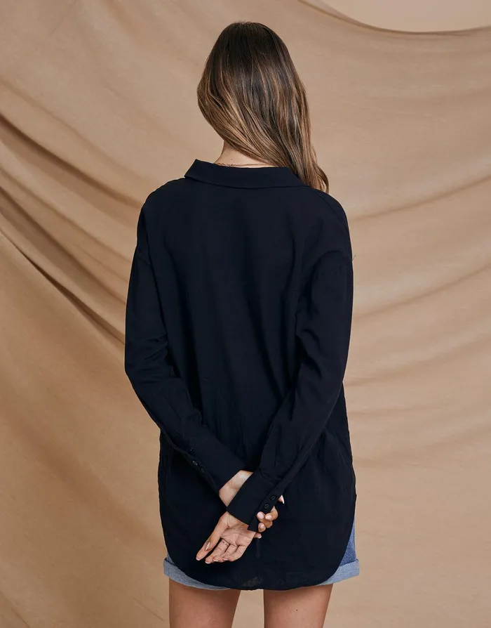 Women Black Longline Linen Look Cotton Shirt Black Threadbare Linen Women Black Longline Linen Look Cotton Shirt Black Threadbare Linen
