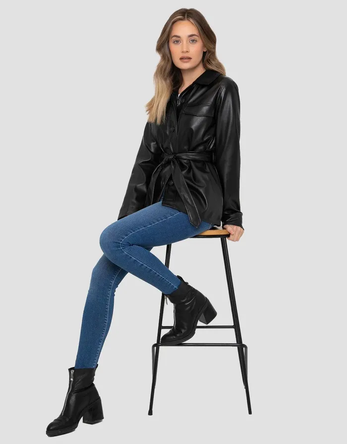 Women Black PU Leather Jacket Black Threadbare Shackets Women Black PU Leather Jacket Black Threadbare Shackets