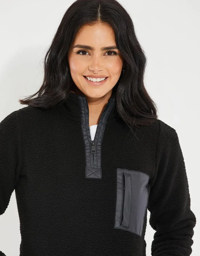 Women Black Quarter Zip Faux Borg Fleece Black Threadbare Sweatshirts Women Black Quarter Zip Faux Borg Fleece Black Threadbare Sweatshirts