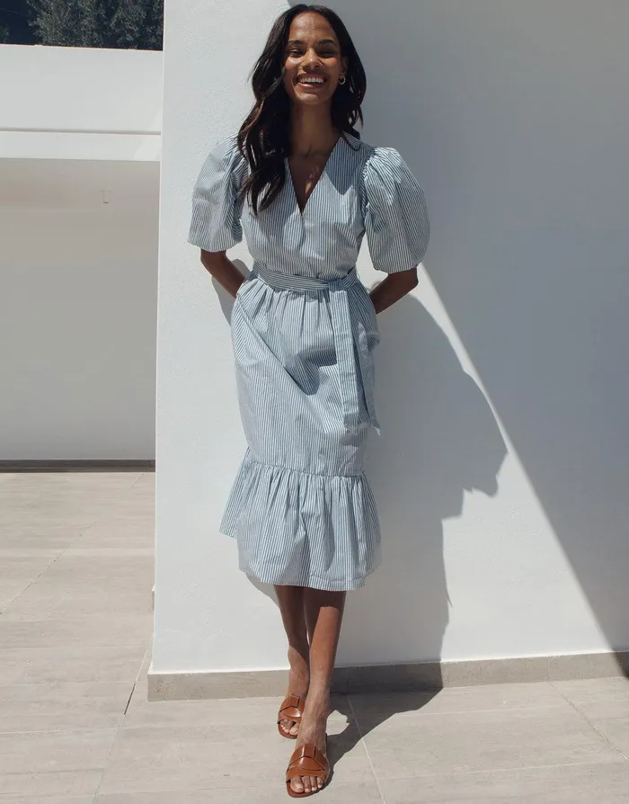 Women Blue Stripe Cotton Poplin V Neck Tie Belt Puff Sleeve Tiered Midi Dress Light Blue Threadbare Dresses Women Blue Stripe Cotton Poplin V Neck Tie Belt Puff Sleeve Tiered Midi Dress Light Blue Threadbare Dresses