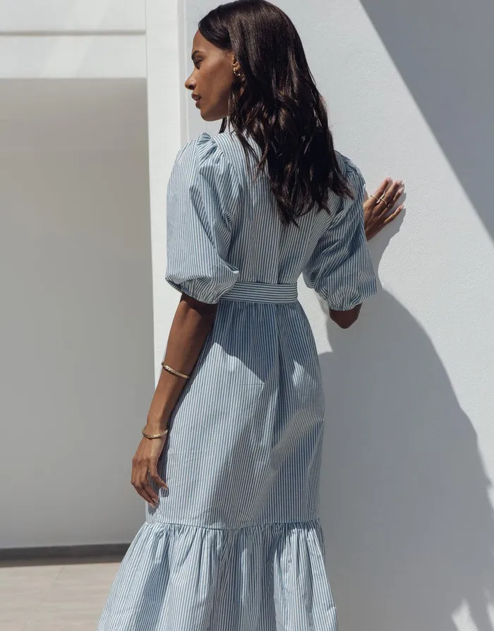 Women Blue Stripe Cotton Poplin V Neck Tie Belt Puff Sleeve Tiered Midi Dress Light Blue Threadbare Dresses Women Blue Stripe Cotton Poplin V Neck Tie Belt Puff Sleeve Tiered Midi Dress Light Blue Threadbare Dresses