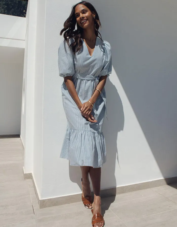 Women Blue Stripe Cotton Poplin V Neck Tie Belt Puff Sleeve Tiered Midi Dress Light Blue Threadbare Dresses Women Blue Stripe Cotton Poplin V Neck Tie Belt Puff Sleeve Tiered Midi Dress Light Blue Threadbare Dresses