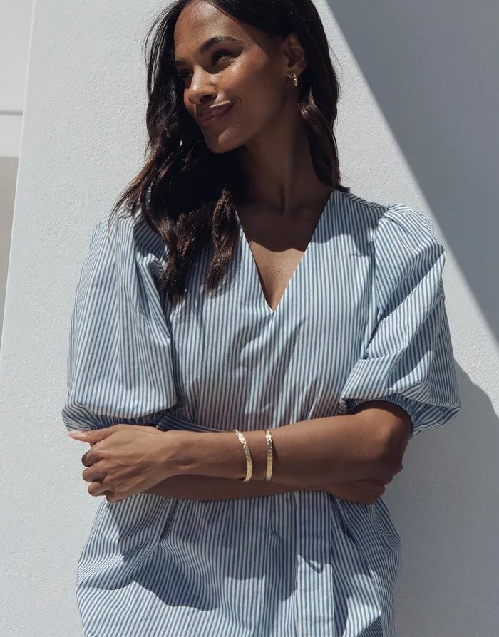 Women Blue Stripe Cotton Poplin V Neck Tie Belt Puff Sleeve Tiered Midi Dress Light Blue Threadbare Dresses Women Blue Stripe Cotton Poplin V Neck Tie Belt Puff Sleeve Tiered Midi Dress Light Blue Threadbare Dresses