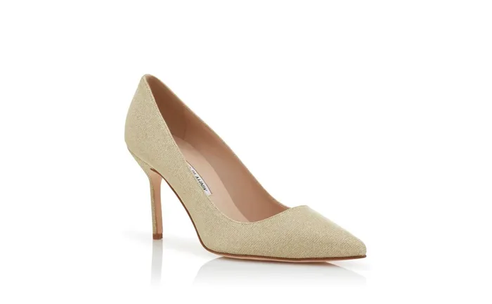 Women Casual Manolo Blahnik BB 90 Light Gold Glitter Fabric Pointed Toe Pumps Women Casual Manolo Blahnik BB 90 Light Gold Glitter Fabric Pointed Toe Pumps