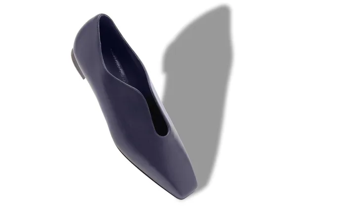 Women Casual Manolo Blahnik MACRONA Navy Blue Calf Leather Curved Flat Shoes Women Casual Manolo Blahnik MACRONA Navy Blue Calf Leather Curved Flat Shoes