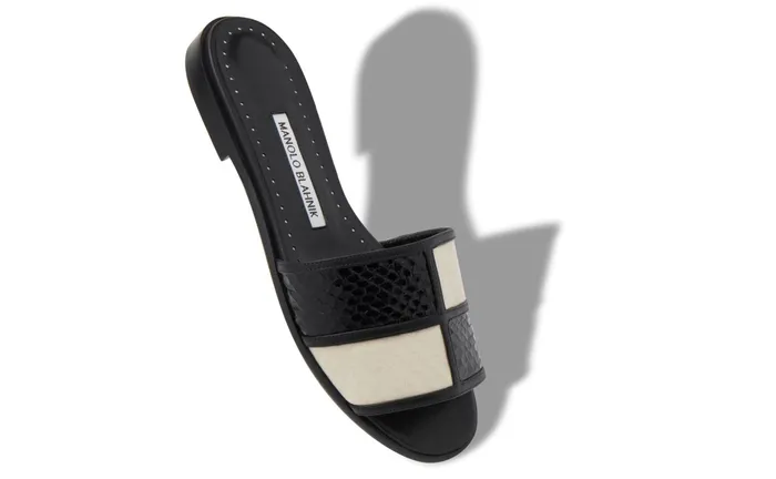 Women Casual Manolo Blahnik MEGACLE Black Snakeskin And Nappa Leather Flat Sandals Women Casual Manolo Blahnik MEGACLE Black Snakeskin And Nappa Leather Flat Sandals