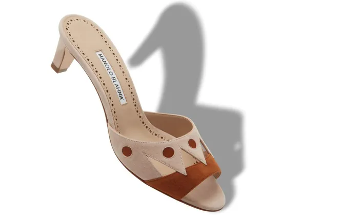 Women Casual Manolo Blahnik TARQUINEW Brown And Light Beige Suede Open Toe Mules