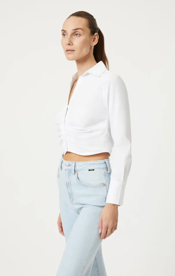 Women Cropped ButtonUp Shirt In White Mavi Jeans Tops and TShirts