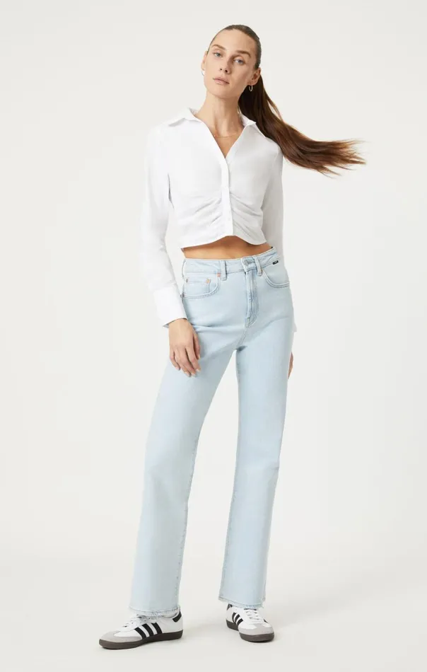 Women Cropped ButtonUp Shirt In White Mavi Jeans Tops and TShirts