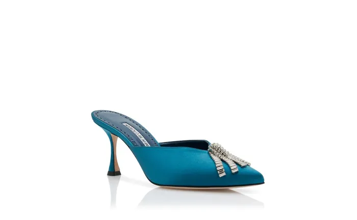 Women Dress Shoes Manolo Blahnik BAMBIMU Blue Satin Crystal Tassel Pointed Toe Mules Women Dress Shoes Manolo Blahnik BAMBIMU Blue Satin Crystal Tassel Pointed Toe Mules