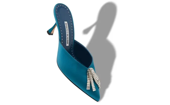 Women Dress Shoes Manolo Blahnik BAMBIMU Blue Satin Crystal Tassel Pointed Toe Mules Women Dress Shoes Manolo Blahnik BAMBIMU Blue Satin Crystal Tassel Pointed Toe Mules